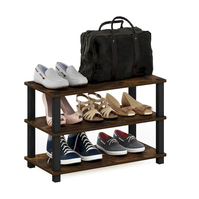Étagère à chaussures 3 niveaux en panneaux de particules Amber Pine/Black CARB – Montage sans outils – Simple