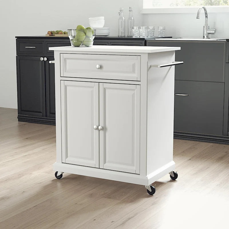Chariot de cuisine blanc en bois dur avec plateau en granit/marbre, porte à panneau surélevé, tiroir et roulettes – Simple