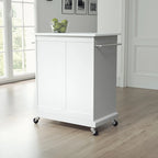 Chariot de cuisine blanc en bois dur avec plateau en granit/marbre, porte à panneau surélevé, tiroir et roulettes – Simple