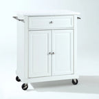 Chariot de cuisine blanc en bois dur avec plateau en granit/marbre, porte à panneau surélevé, tiroir et roulettes – Simple