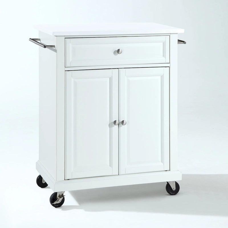 Chariot de cuisine blanc en bois dur avec plateau en granit/marbre, porte à panneau surélevé, tiroir et roulettes – Simple