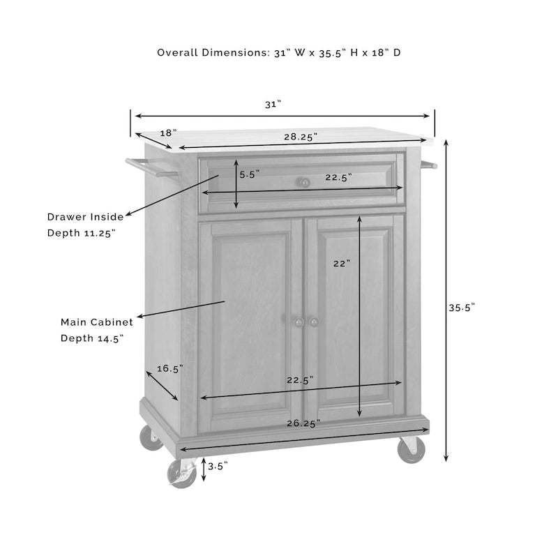 Chariot de cuisine blanc en bois dur avec plateau en granit/marbre, porte à panneau surélevé, tiroir et roulettes – Simple