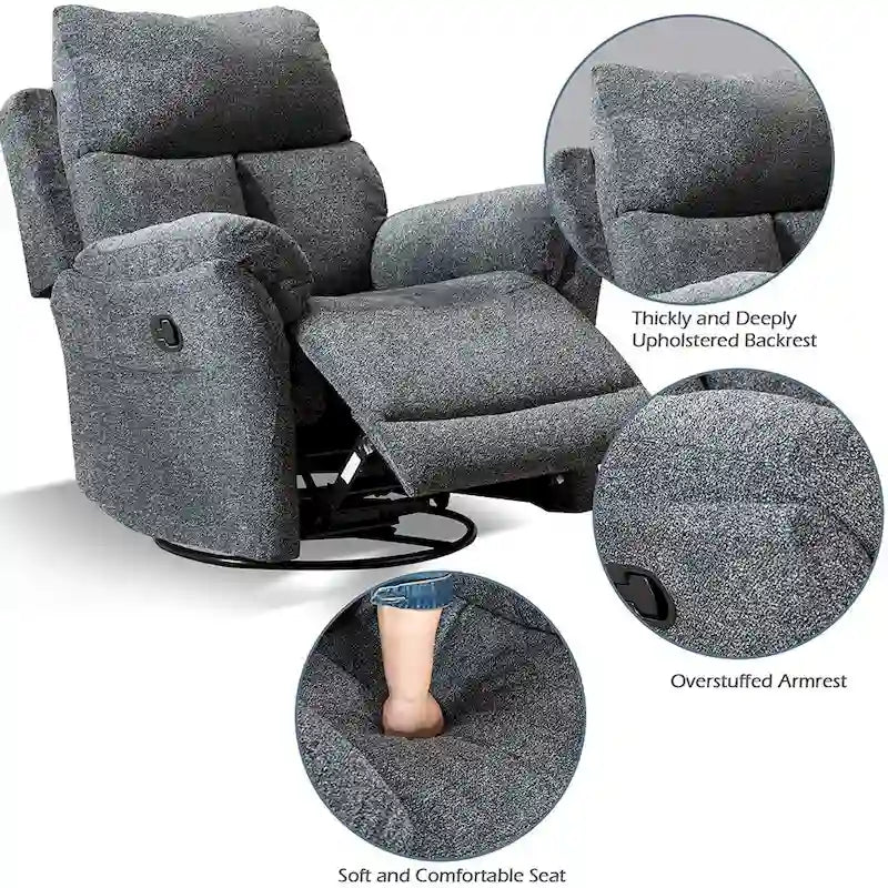 Fauteuil inclinable manuel pivotant et basculant en tissu gris argenté / gris fumé / gris foncé avec repose-pieds – Individuel