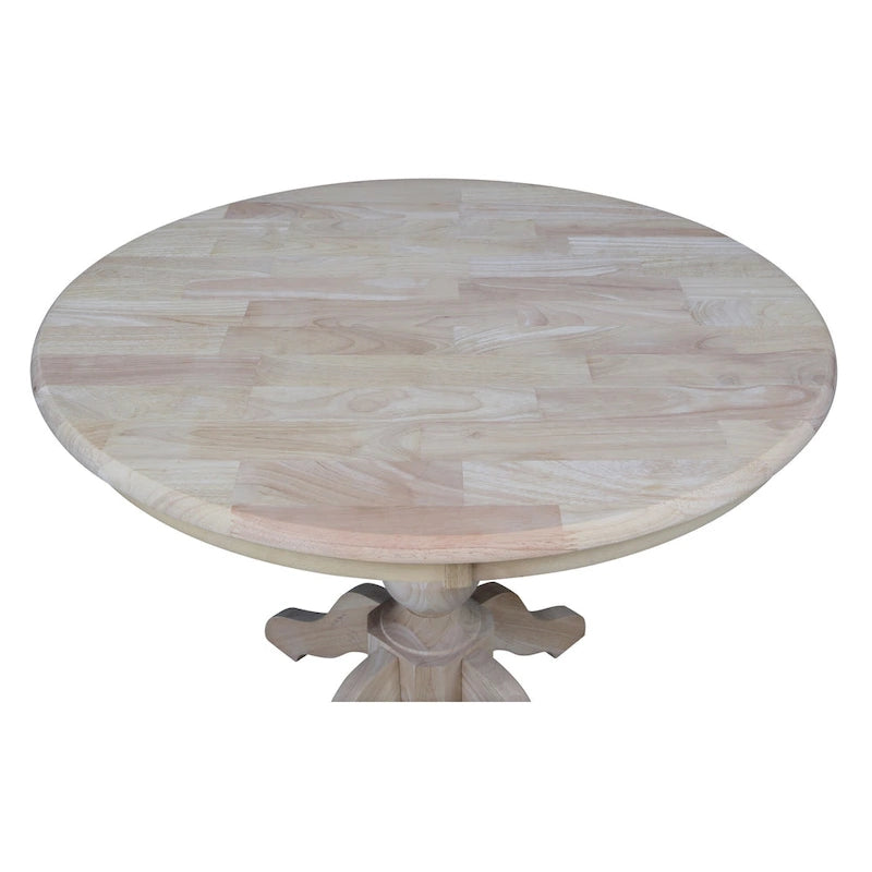 Table à manger ronde inachevée en bois massif avec plateau en billot – 4 places – Hauteur table à manger / comptoir / bar