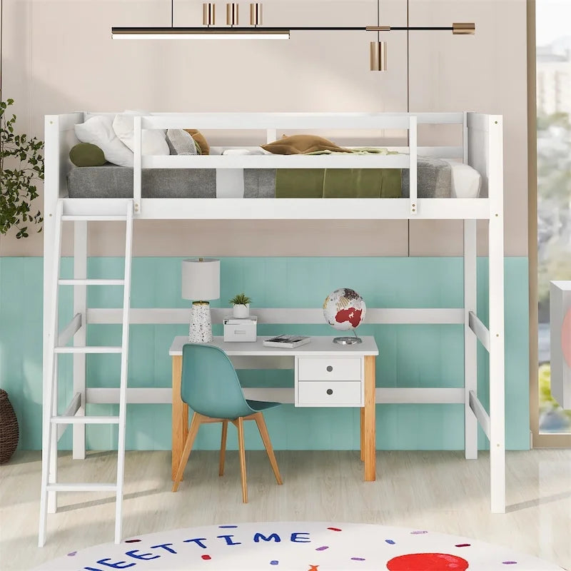 Lit mezzanine simple en pin massif, coloris espresso / blanc / gris, avec échelle et barrières de sécurité