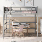 Lit mezzanine simple en pin massif, coloris espresso / blanc / gris, avec échelle et barrières de sécurité