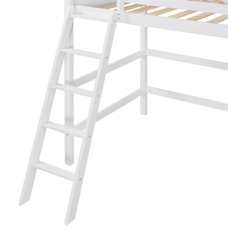 Lit mezzanine simple en pin massif, coloris espresso / blanc / gris, avec échelle et barrières de sécurité