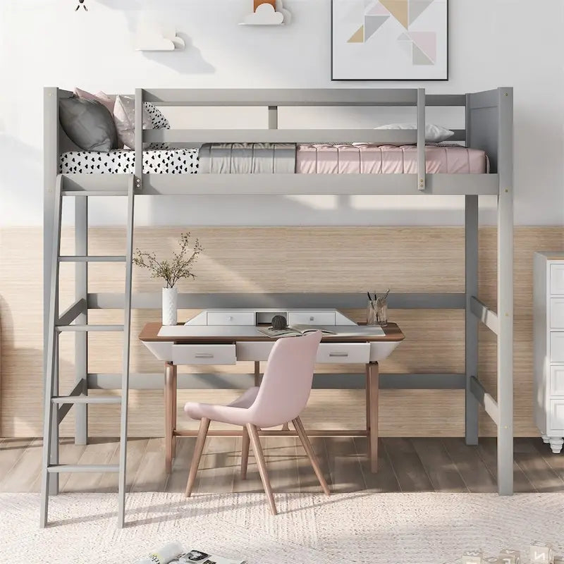 Lit mezzanine simple en pin massif, coloris espresso / blanc / gris, avec échelle et barrières de sécurité