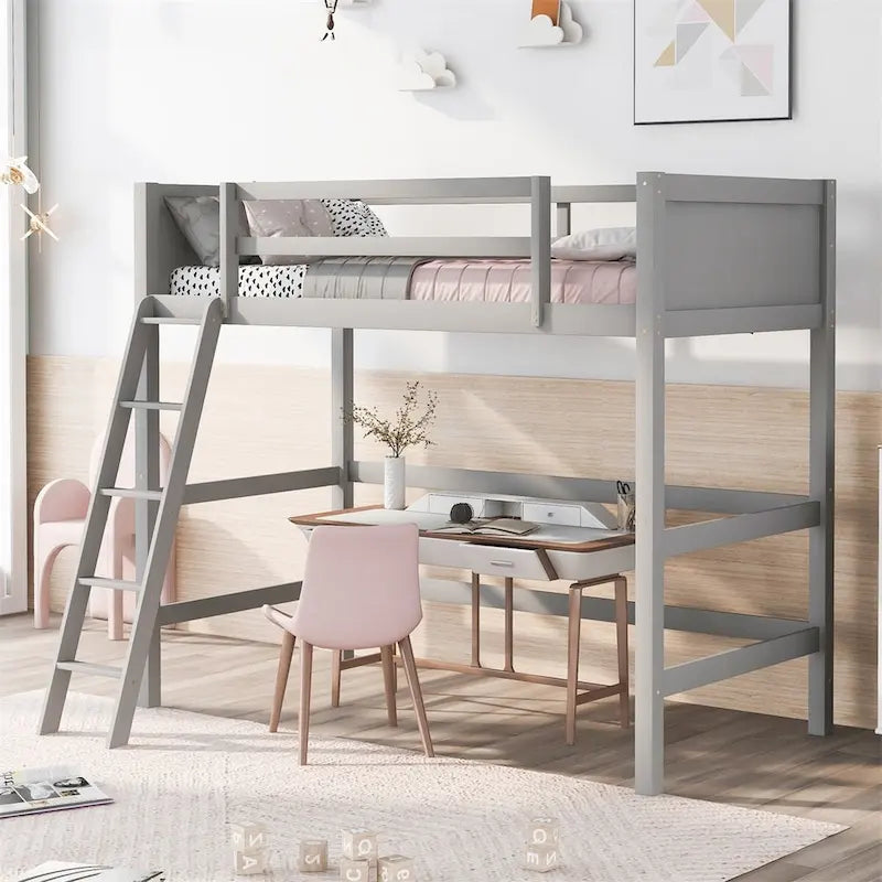 Lit mezzanine simple en pin massif, coloris espresso / blanc / gris, avec échelle et barrières de sécurité
