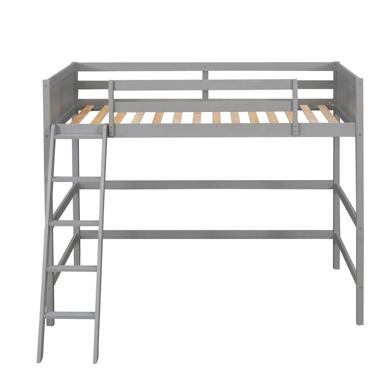 Lit mezzanine simple en pin massif, coloris espresso / blanc / gris, avec échelle et barrières de sécurité