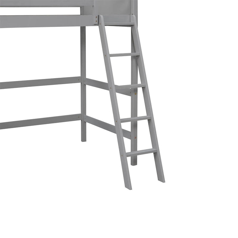 Lit mezzanine simple en pin massif, coloris espresso / blanc / gris, avec échelle et barrières de sécurité