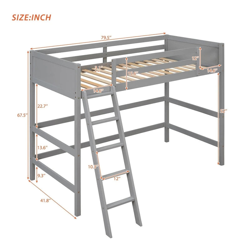Lit mezzanine simple en pin massif, coloris espresso / blanc / gris, avec échelle et barrières de sécurité
