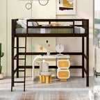 Lit mezzanine simple en pin massif, coloris espresso / blanc / gris, avec échelle et barrières de sécurité