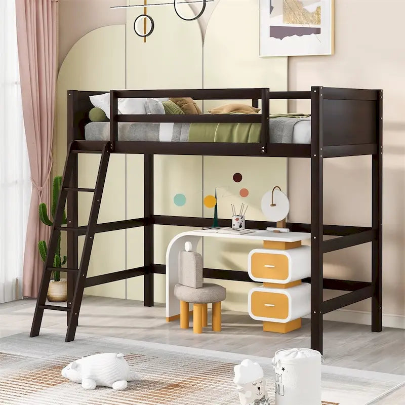 Lit mezzanine simple en pin massif, coloris espresso / blanc / gris, avec échelle et barrières de sécurité