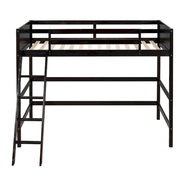 Lit mezzanine simple en pin massif, coloris espresso / blanc / gris, avec échelle et barrières de sécurité