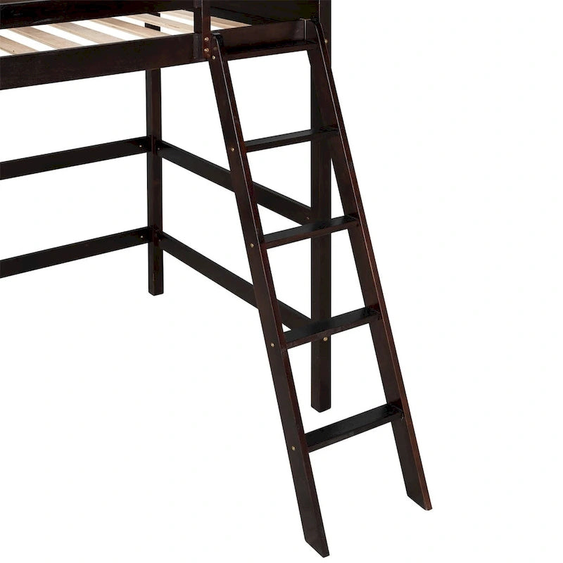 Lit mezzanine simple en pin massif, coloris espresso / blanc / gris, avec échelle et barrières de sécurité