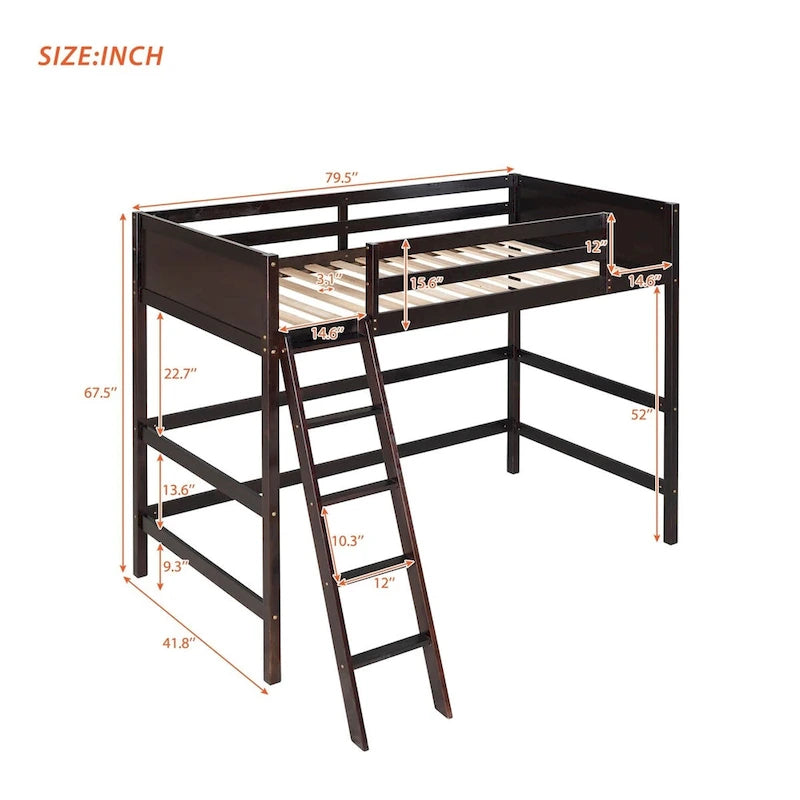 Lit mezzanine simple en pin massif, coloris espresso / blanc / gris, avec échelle et barrières de sécurité
