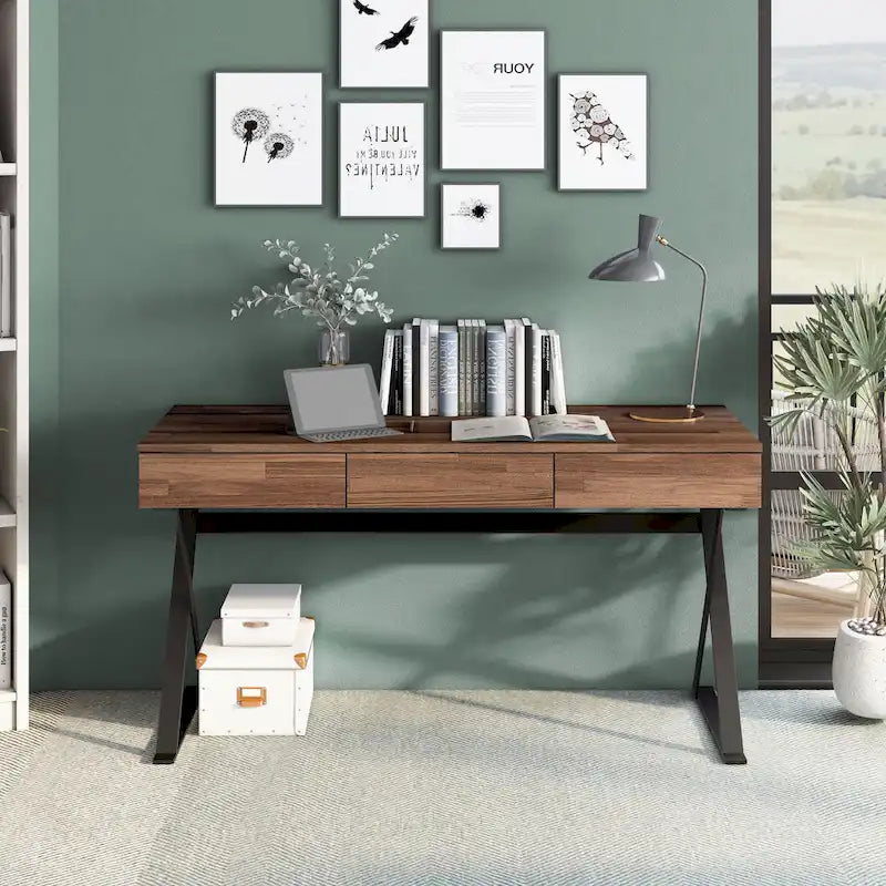 Bureau d'ordinateur industriel en noyer, métal et placage de bois avec base en X, 3 tiroirs et prise USB + courant – Simple