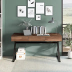 Bureau d'ordinateur industriel en noyer, métal et placage de bois avec base en X, 3 tiroirs et prise USB + courant – Simple