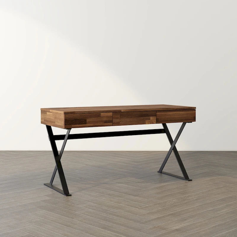 Bureau d'ordinateur industriel en noyer, métal et placage de bois avec base en X, 3 tiroirs et prise USB + courant – Simple