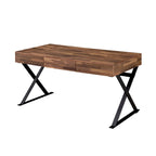 Bureau d'ordinateur industriel en noyer, métal et placage de bois avec base en X, 3 tiroirs et prise USB + courant – Simple