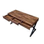 Bureau d'ordinateur industriel en noyer, métal et placage de bois avec base en X, 3 tiroirs et prise USB + courant – Simple