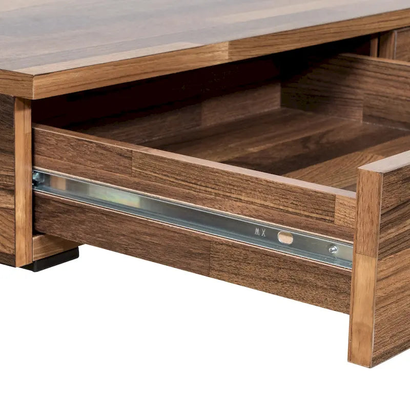 Bureau d'ordinateur industriel en noyer, métal et placage de bois avec base en X, 3 tiroirs et prise USB + courant – Simple