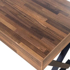 Bureau d'ordinateur industriel en noyer, métal et placage de bois avec base en X, 3 tiroirs et prise USB + courant – Simple