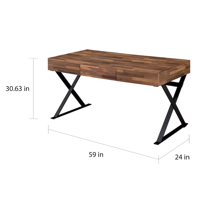 Bureau d'ordinateur industriel en noyer, métal et placage de bois avec base en X, 3 tiroirs et prise USB + courant – Simple