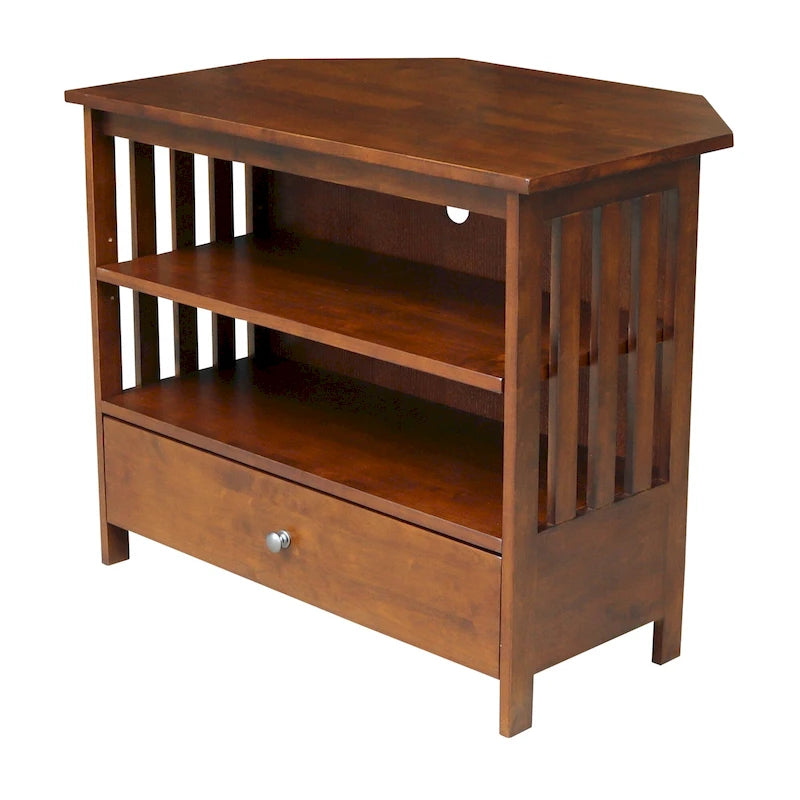 Meuble TV d'angle de style « Mission » en bois massif avec tiroir et étagères, finitions au choix : non teinté / expresso / gris taupe délavé / blanc / bleu océan / gris chiné vieilli / noir