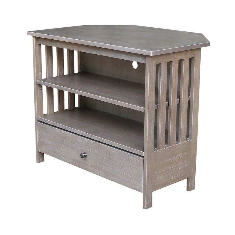 Meuble TV d'angle de style « Mission » en bois massif avec tiroir et étagères, finitions au choix : non teinté / expresso / gris taupe délavé / blanc / bleu océan / gris chiné vieilli / noir