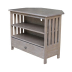 Meuble TV d'angle de style « Mission » en bois massif avec tiroir et étagères, finitions au choix : non teinté / expresso / gris taupe délavé / blanc / bleu océan / gris chiné vieilli / noir