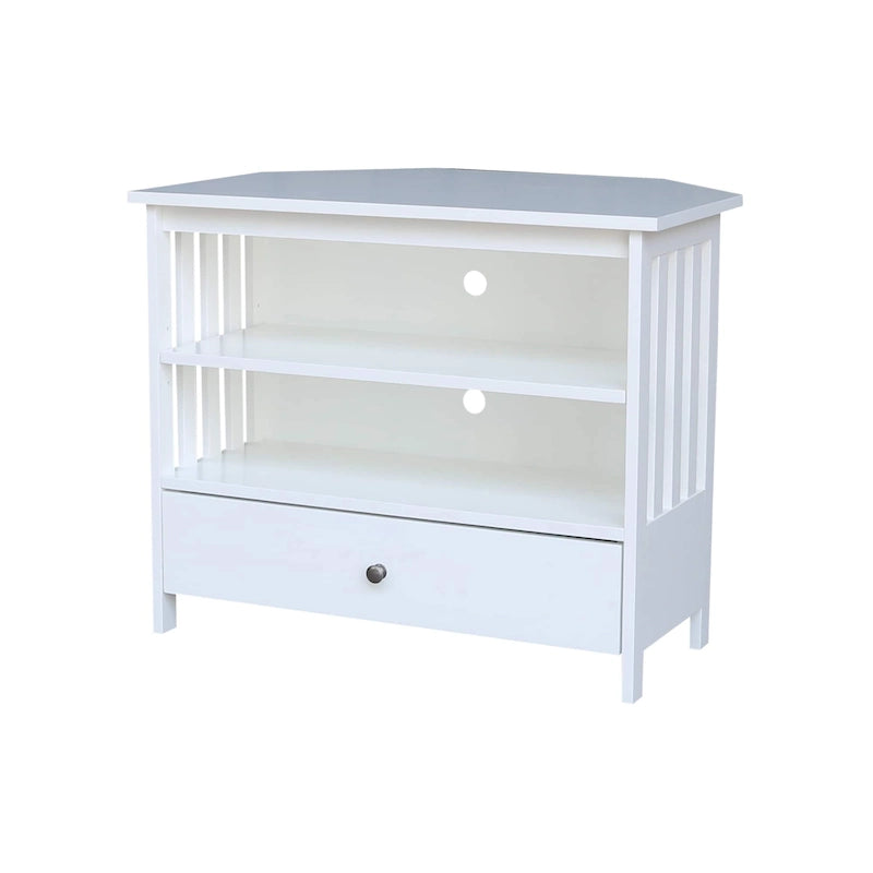Meuble TV d'angle de style « Mission » en bois massif avec tiroir et étagères, finitions au choix : non teinté / expresso / gris taupe délavé / blanc / bleu océan / gris chiné vieilli / noir