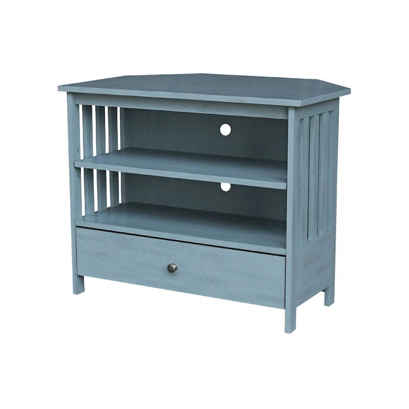 Meuble TV d'angle de style « Mission » en bois massif avec tiroir et étagères, finitions au choix : non teinté / expresso / gris taupe délavé / blanc / bleu océan / gris chiné vieilli / noir