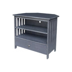 Meuble TV d'angle de style « Mission » en bois massif avec tiroir et étagères, finitions au choix : non teinté / expresso / gris taupe délavé / blanc / bleu océan / gris chiné vieilli / noir