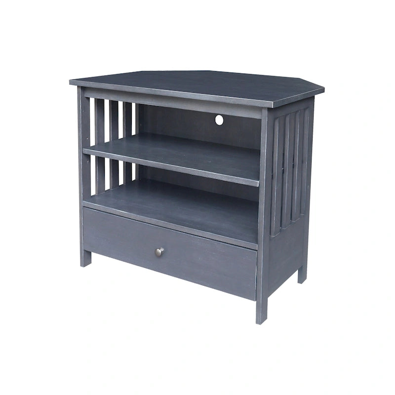 Meuble TV d'angle de style « Mission » en bois massif avec tiroir et étagères, finitions au choix : non teinté / expresso / gris taupe délavé / blanc / bleu océan / gris chiné vieilli / noir