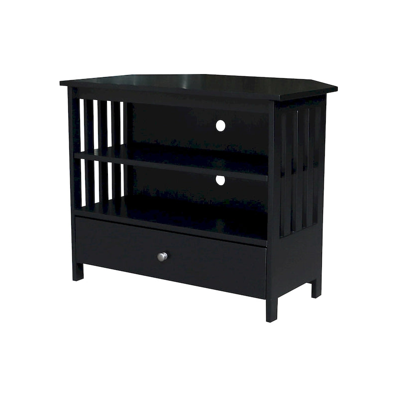 Meuble TV d'angle de style « Mission » en bois massif avec tiroir et étagères, finitions au choix : non teinté / expresso / gris taupe délavé / blanc / bleu océan / gris chiné vieilli / noir