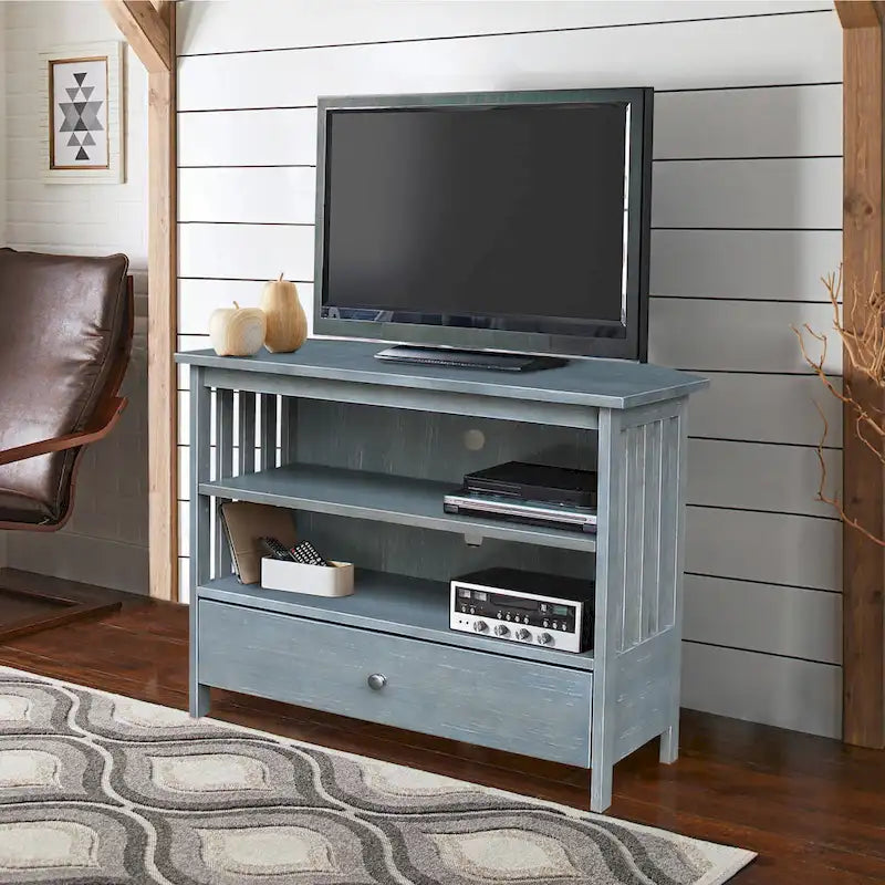 Meuble TV d'angle de style « Mission » en bois massif avec tiroir et étagères, finitions au choix : non teinté / expresso / gris taupe délavé / blanc / bleu océan / gris chiné vieilli / noir