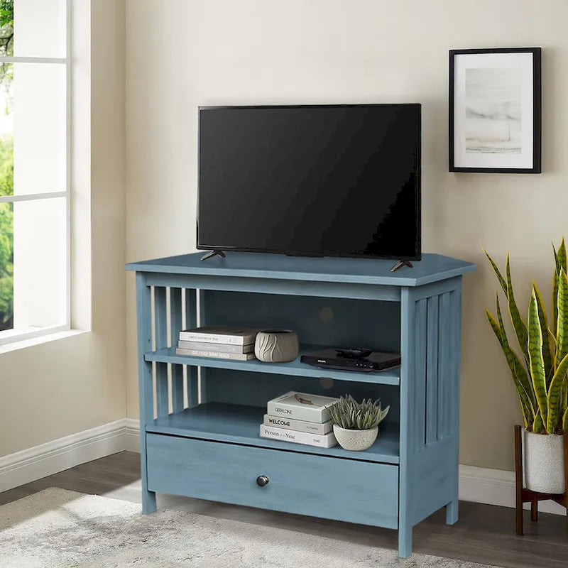 Meuble TV d'angle de style « Mission » en bois massif avec tiroir et étagères, finitions au choix : non teinté / expresso / gris taupe délavé / blanc / bleu océan / gris chiné vieilli / noir