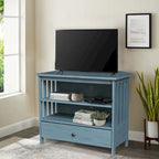 Meuble TV d'angle de style « Mission » en bois massif avec tiroir et étagères, finitions au choix : non teinté / expresso / gris taupe délavé / blanc / bleu océan / gris chiné vieilli / noir