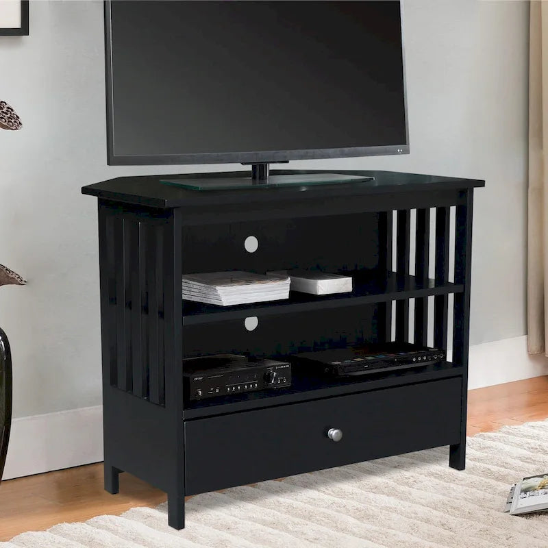 Meuble TV d'angle de style « Mission » en bois massif avec tiroir et étagères, finitions au choix : non teinté / expresso / gris taupe délavé / blanc / bleu océan / gris chiné vieilli / noir