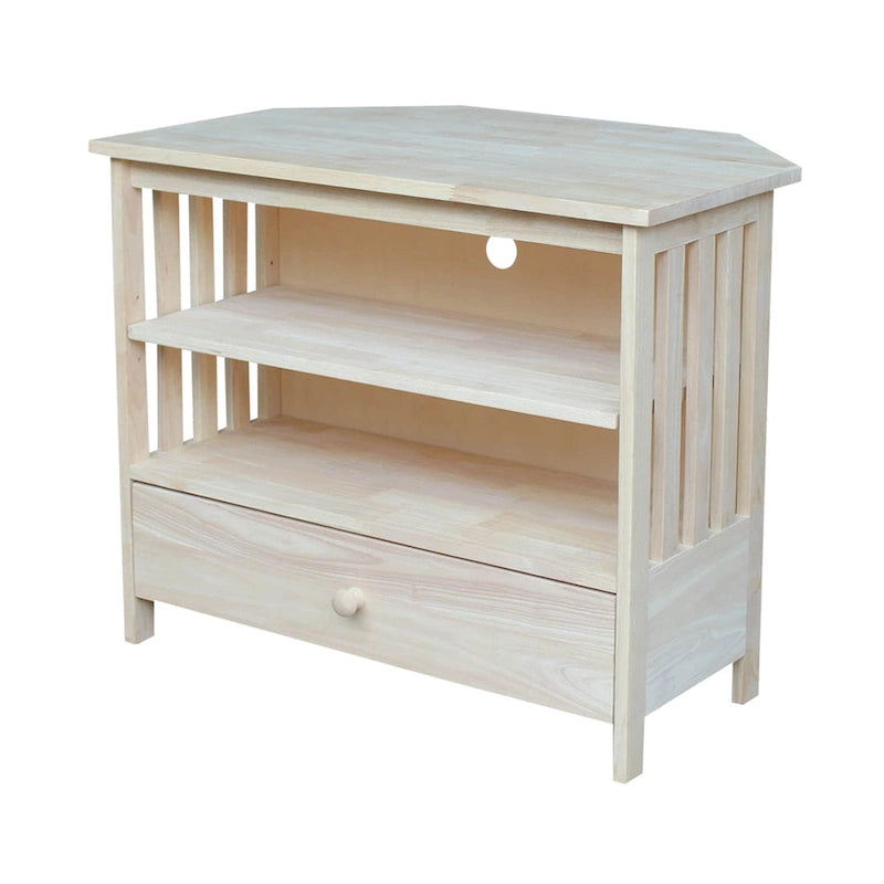 Meuble TV d'angle de style « Mission » en bois massif avec tiroir et étagères, finitions au choix : non teinté / expresso / gris taupe délavé / blanc / bleu océan / gris chiné vieilli / noir