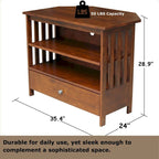Meuble TV d'angle de style « Mission » en bois massif avec tiroir et étagères, finitions au choix : non teinté / expresso / gris taupe délavé / blanc / bleu océan / gris chiné vieilli / noir