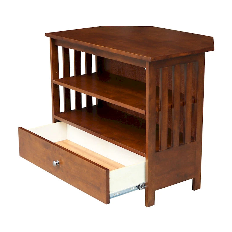 Meuble TV d'angle de style « Mission » en bois massif avec tiroir et étagères, finitions au choix : non teinté / expresso / gris taupe délavé / blanc / bleu océan / gris chiné vieilli / noir