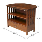 Meuble TV d'angle de style « Mission » en bois massif avec tiroir et étagères, finitions au choix : non teinté / expresso / gris taupe délavé / blanc / bleu océan / gris chiné vieilli / noir