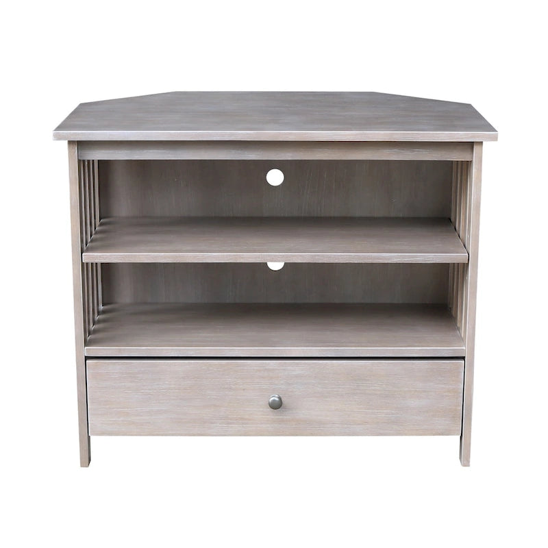 Meuble TV d'angle de style « Mission » en bois massif avec tiroir et étagères, finitions au choix : non teinté / expresso / gris taupe délavé / blanc / bleu océan / gris chiné vieilli / noir