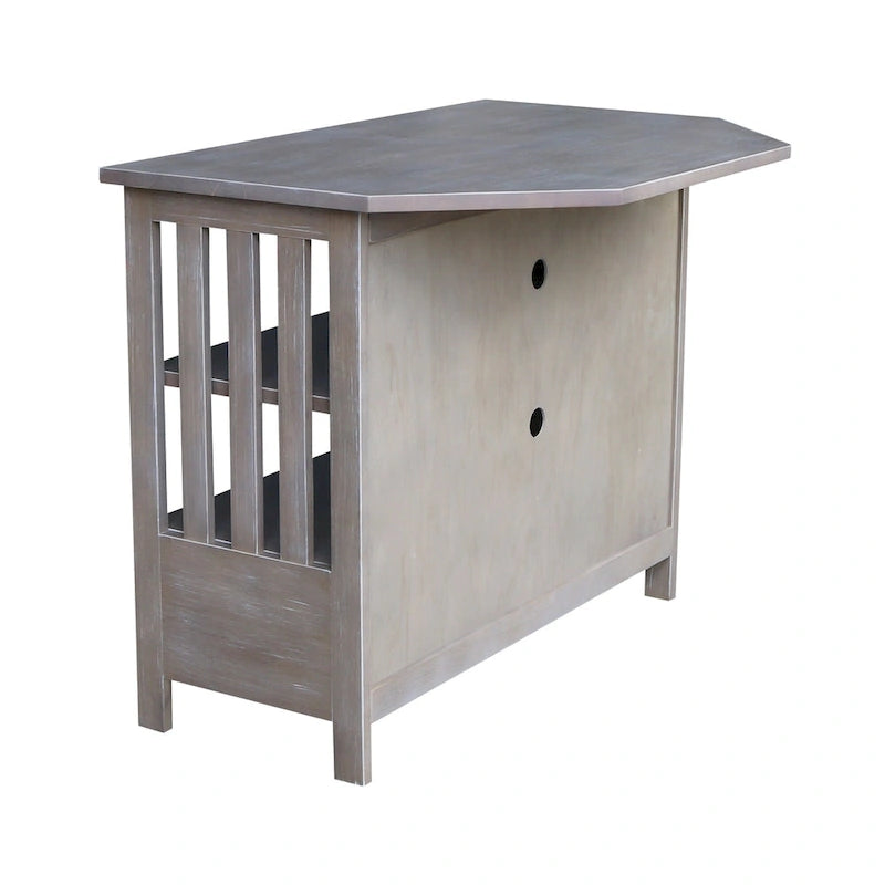 Meuble TV d'angle de style « Mission » en bois massif avec tiroir et étagères, finitions au choix : non teinté / expresso / gris taupe délavé / blanc / bleu océan / gris chiné vieilli / noir