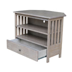 Meuble TV d'angle de style « Mission » en bois massif avec tiroir et étagères, finitions au choix : non teinté / expresso / gris taupe délavé / blanc / bleu océan / gris chiné vieilli / noir