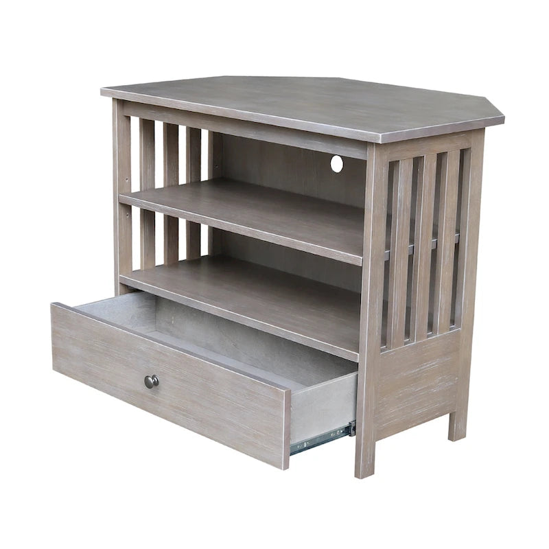 Meuble TV d'angle de style « Mission » en bois massif avec tiroir et étagères, finitions au choix : non teinté / expresso / gris taupe délavé / blanc / bleu océan / gris chiné vieilli / noir