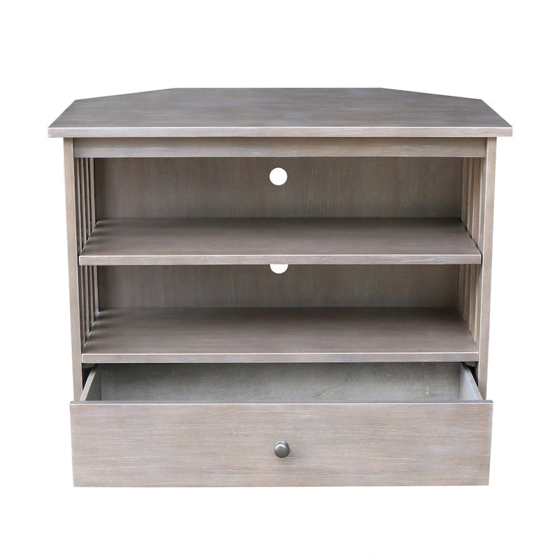 Meuble TV d'angle de style « Mission » en bois massif avec tiroir et étagères, finitions au choix : non teinté / expresso / gris taupe délavé / blanc / bleu océan / gris chiné vieilli / noir